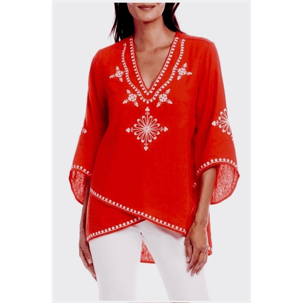Karen Kane Floral Embroidered Tunic Top XL Linen Blend Asymmetrical Flare Sleeve